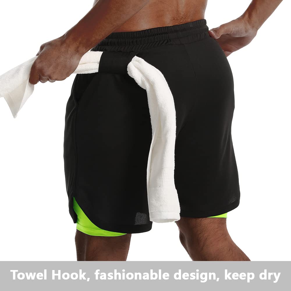 JWJ Mens 2 in 1 Running Shorts Quick Dry Gym Athletic Workout Clothes with Side Pockets