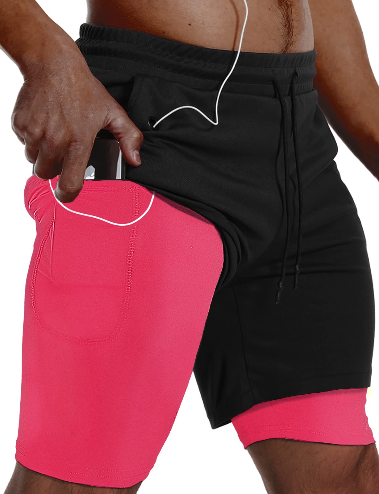 JWJ Mens 2 in 1 Running Shorts Quick Dry Gym Athletic Workout Clothes with Side Pockets