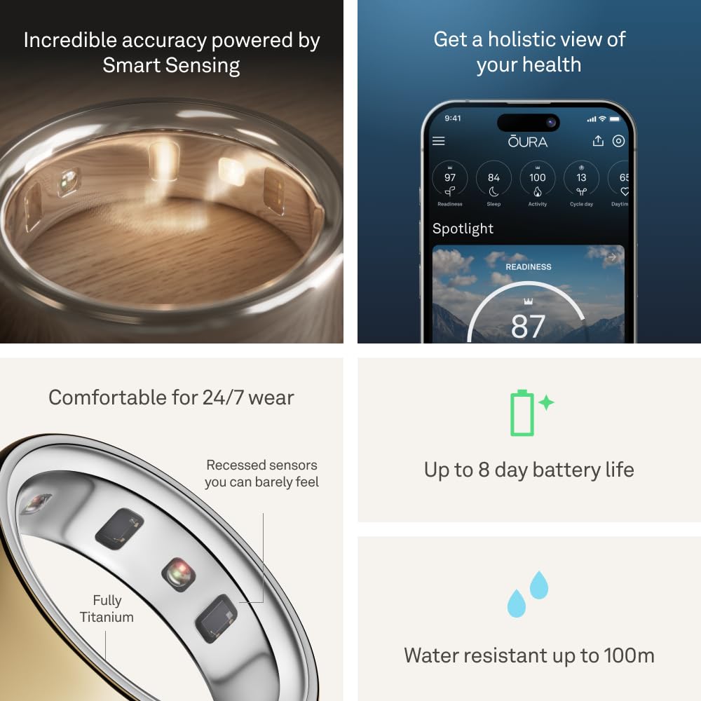 Oura Ring 4 - Silver - Size 8 - Smart Ring - Size First with Oura Ring 4 Sizing Kit - Sleep Tracking Wearable - Heart Rate - Fitness Tracker - Up to 8 Days of Battery Life
