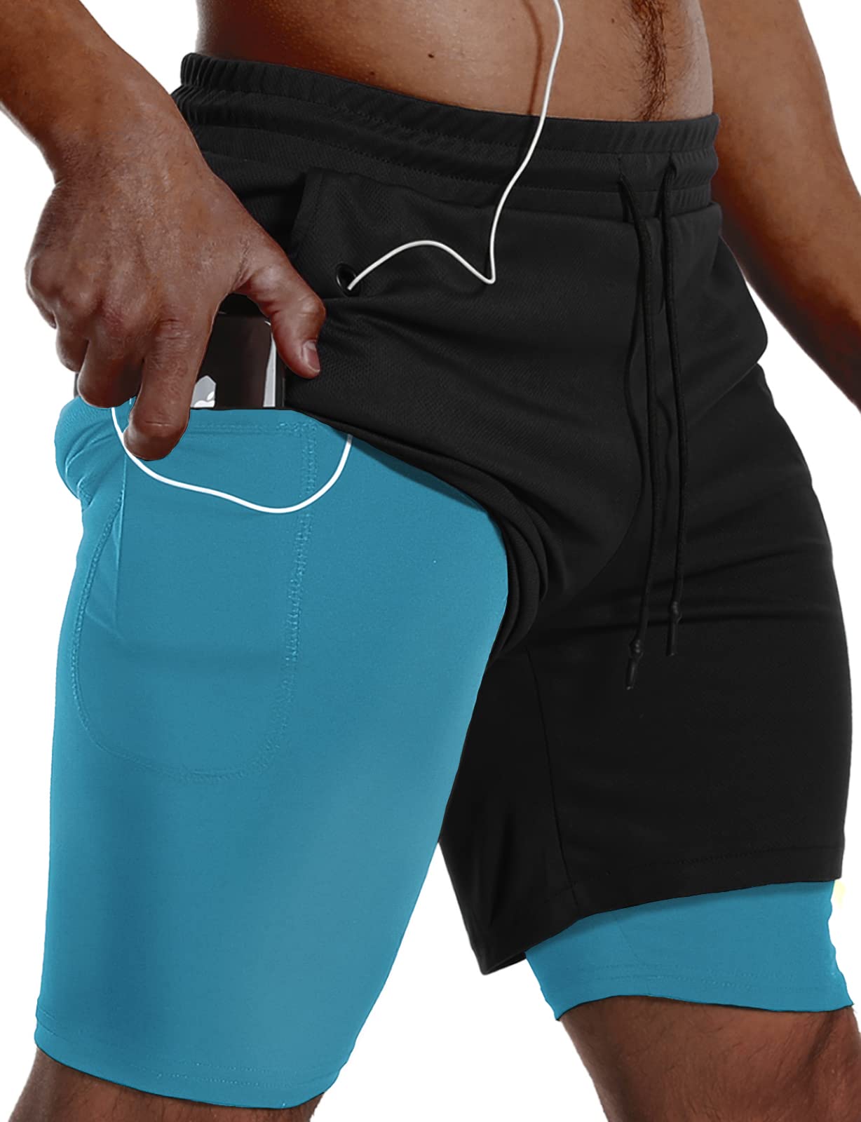 JWJ Mens 2 in 1 Running Shorts Quick Dry Gym Athletic Workout Clothes with Side Pockets
