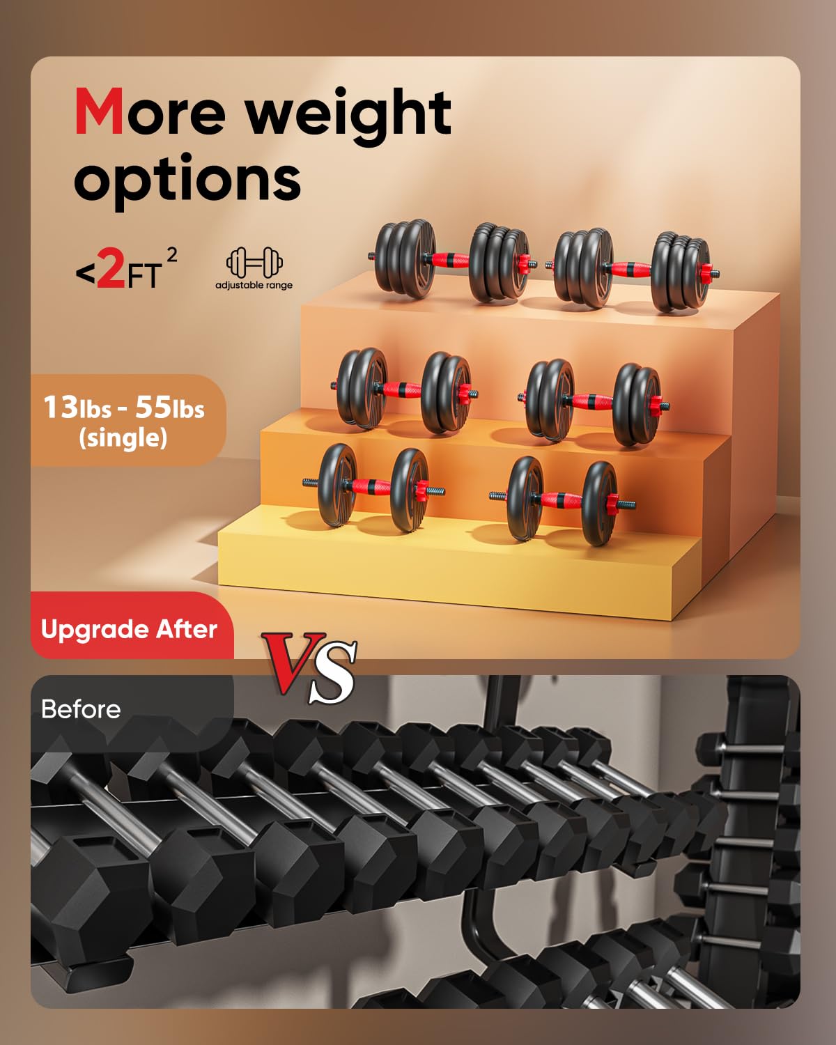 Adjustable Dumbbells, 10/25/35/55/70/90lbs Free Weight Set with Connector, 4 in1 Dumbbells Set Used as Barbell, Kettlebells, Push up Stand, Fitness Exercises for Home Gym Suitable Men/Women