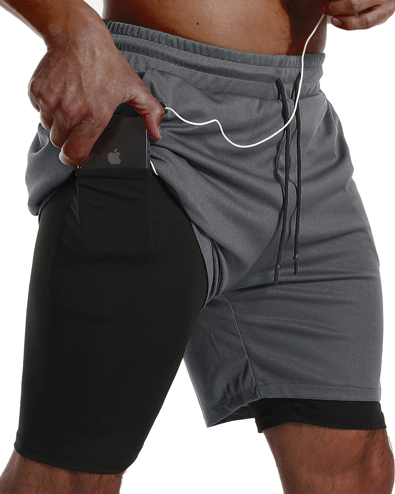 JWJ Mens 2 in 1 Running Shorts Quick Dry Gym Athletic Workout Clothes with Side Pockets