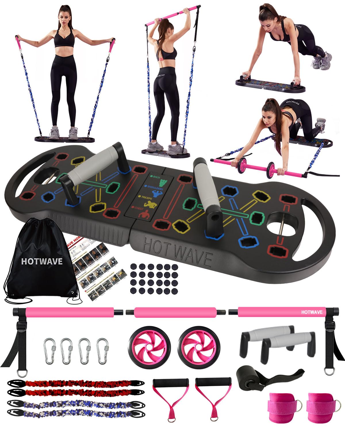 HOTWAVE Portable Exercise Equipment with 16 Gym Accessories.20 in 1 Push Up Board Fitness,Resistance Bands with Ab Roller Wheel,Full Body Workout at Home