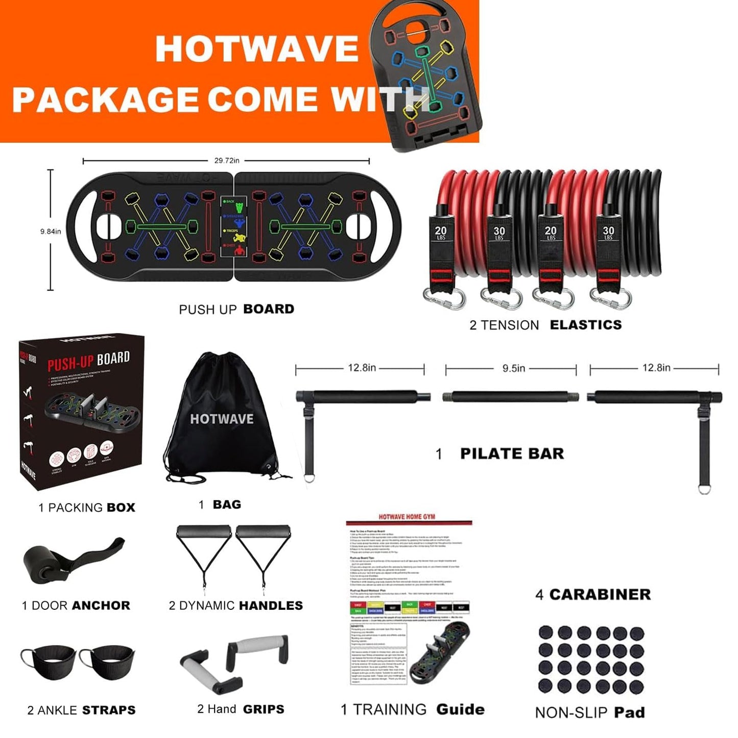 HOTWAVE Portable Exercise Equipment with 16 Gym Accessories.20 in 1 Push Up Board Fitness,Resistance Bands with Ab Roller Wheel,Full Body Workout at Home