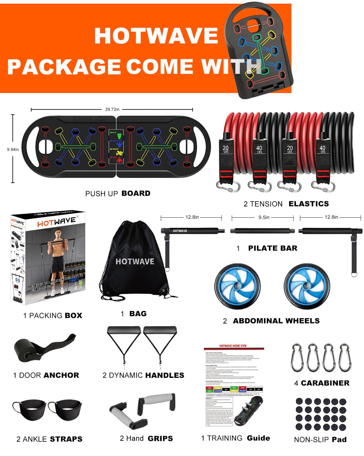 HOTWAVE Portable Exercise Equipment with 16 Gym Accessories.20 in 1 Push Up Board Fitness,Resistance Bands with Ab Roller Wheel,Full Body Workout at Home