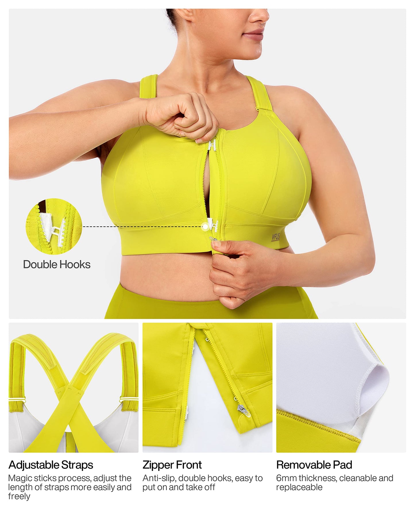 Zip Front Adjustable High Impact Sports Bras for Women Premium Quality Full Coverage Workout Running Removable Pads