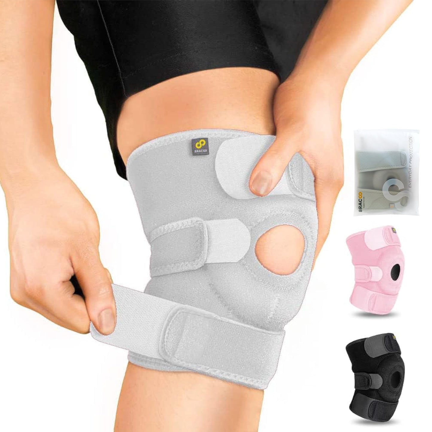 Bracoo Adjustable Compression Knee Patellar Pad Tendon Support Sleeve Brace for Men Women - Arthritis Pain, Injury Recovery, Running, Workout, KS10 (Black)