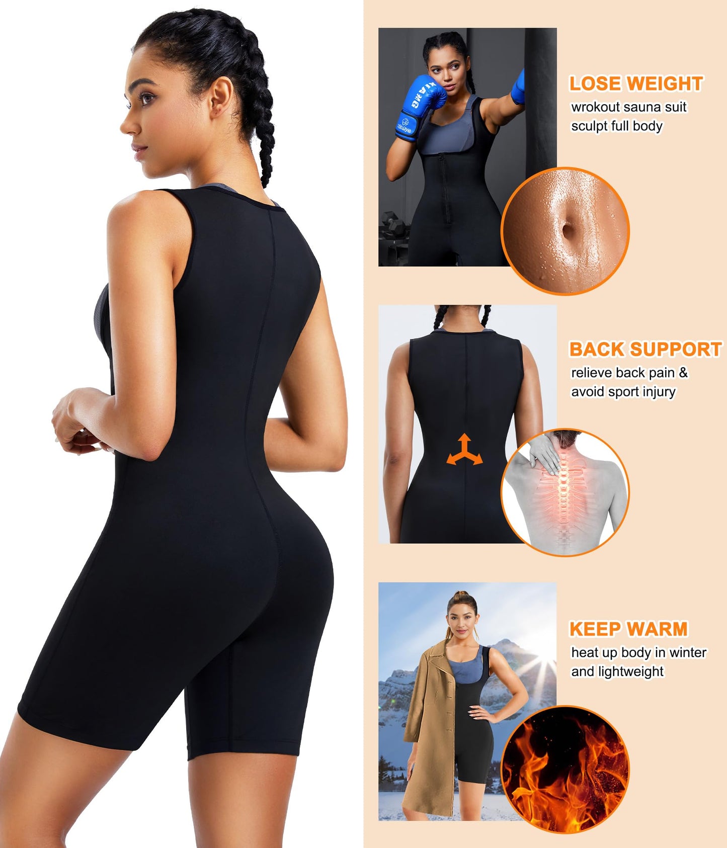 URSEXYLY Sauna Suit for Women Sweat Vest Waist Trainer 3 in 1 Slimming Full Body Shaper Workout Top with Sleeve Shorts