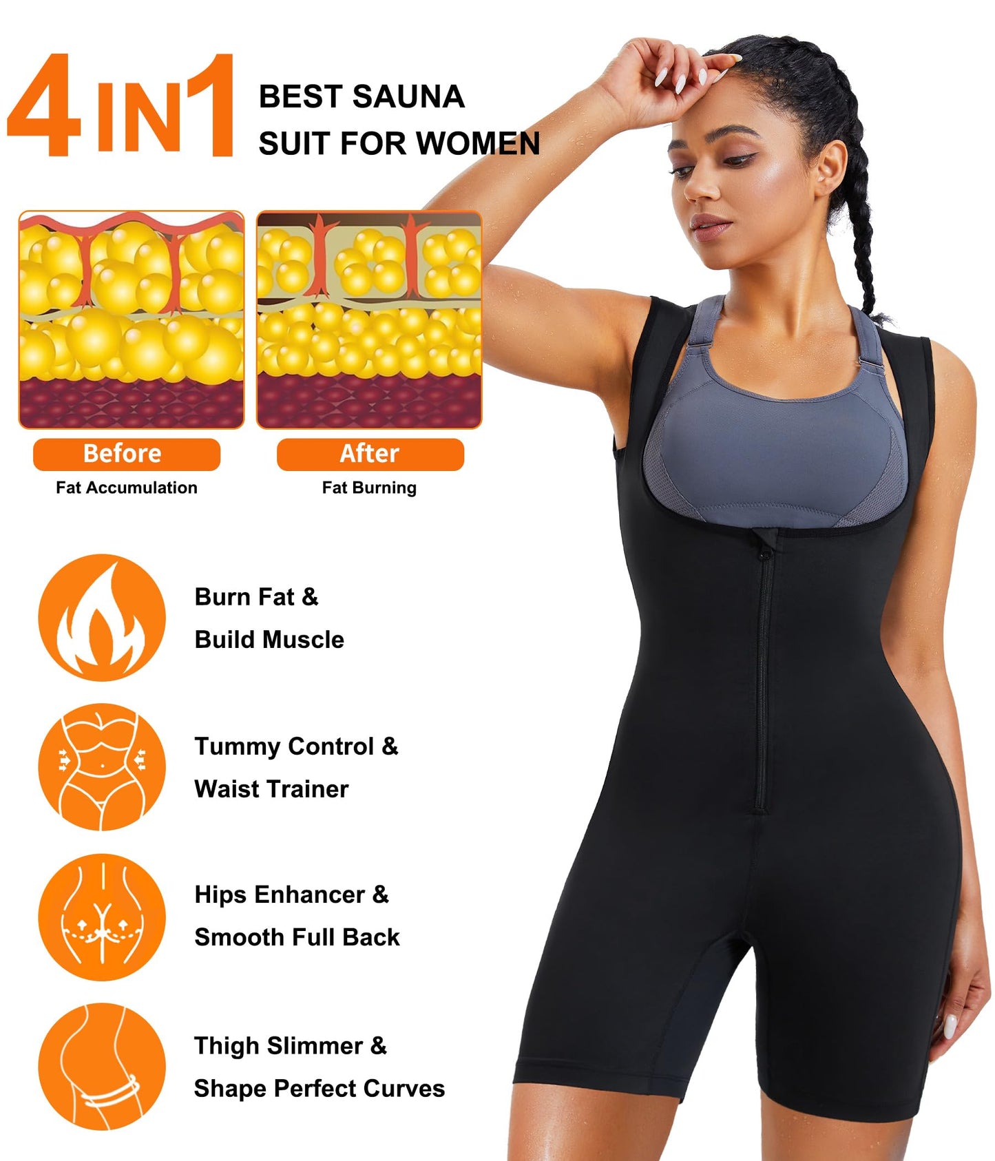 URSEXYLY Sauna Suit for Women Sweat Vest Waist Trainer 3 in 1 Slimming Full Body Shaper Workout Top with Sleeve Shorts