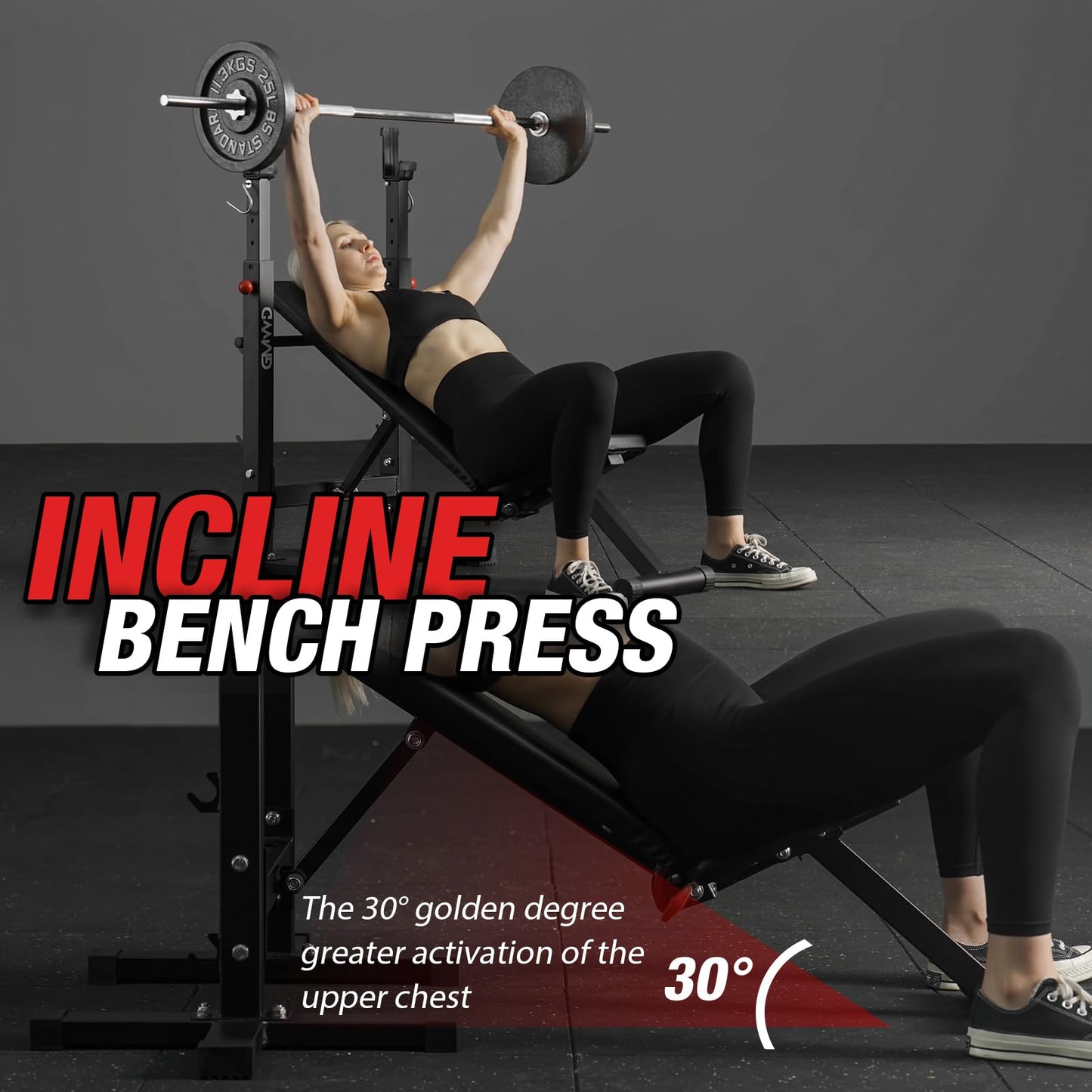 Bench Press Bench, GMWD Foldable 660LBS Weight Bench Set, Multi-Functional Chest Press Machine with Bar Holder, Flat Incline Bench for Chest, Shoulder Home Gym Equipment, Black