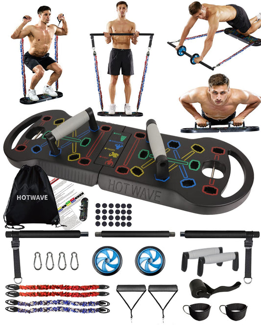 HOTWAVE Portable Exercise Equipment with 16 Gym Accessories.20 in 1 Push Up Board Fitness,Resistance Bands with Ab Roller Wheel,Full Body Workout at Home