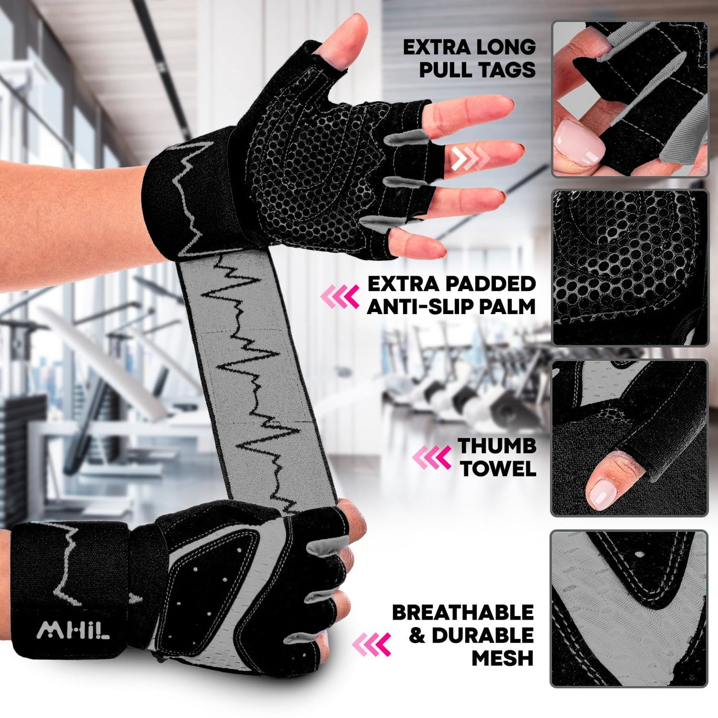 MhIL Workout Gloves for Women & Men - Gym Gloves for Women Weight Lifting Gloves - Exercise Gloves, Training Gloves with Wrist Wraps Support for Weightlifting, Work Out, Pull up- Full Palm Protection