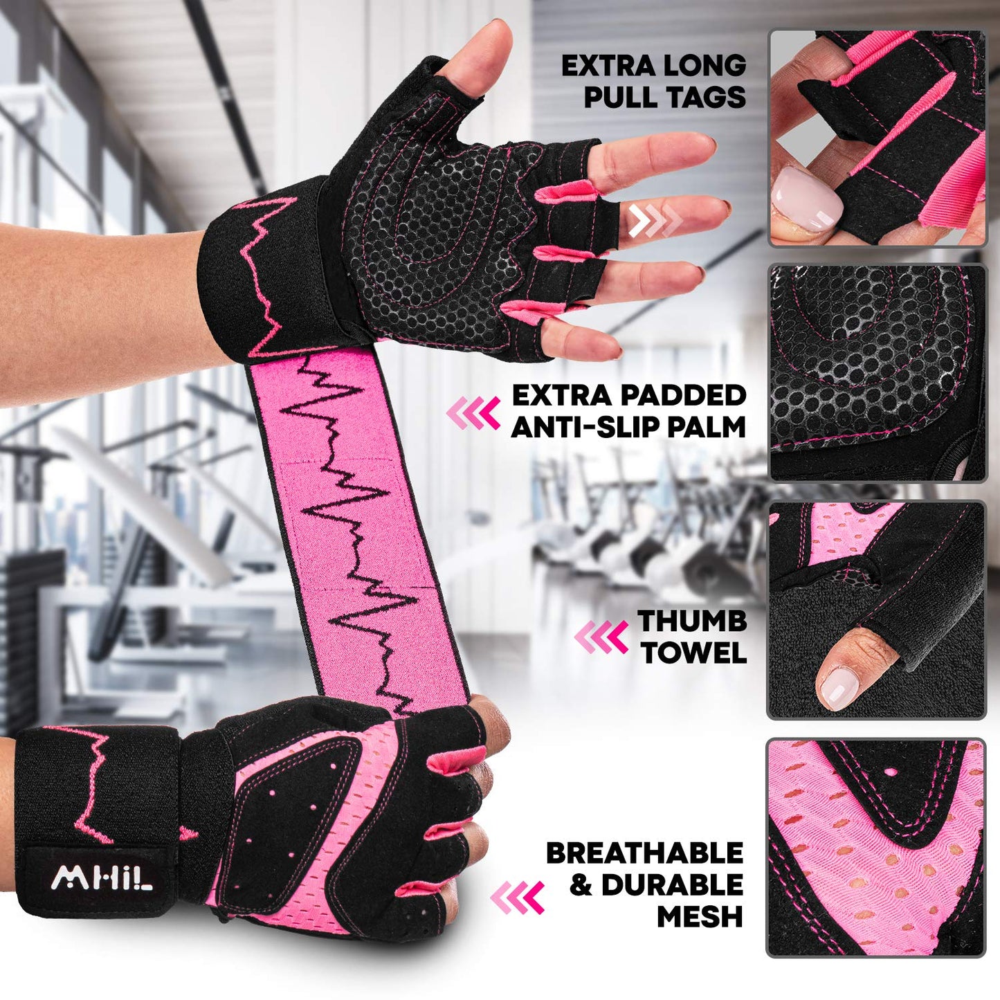 MhIL Workout Gloves for Women & Men - Gym Gloves for Women Weight Lifting Gloves - Exercise Gloves, Training Gloves with Wrist Wraps Support for Weightlifting, Work Out, Pull up- Full Palm Protection