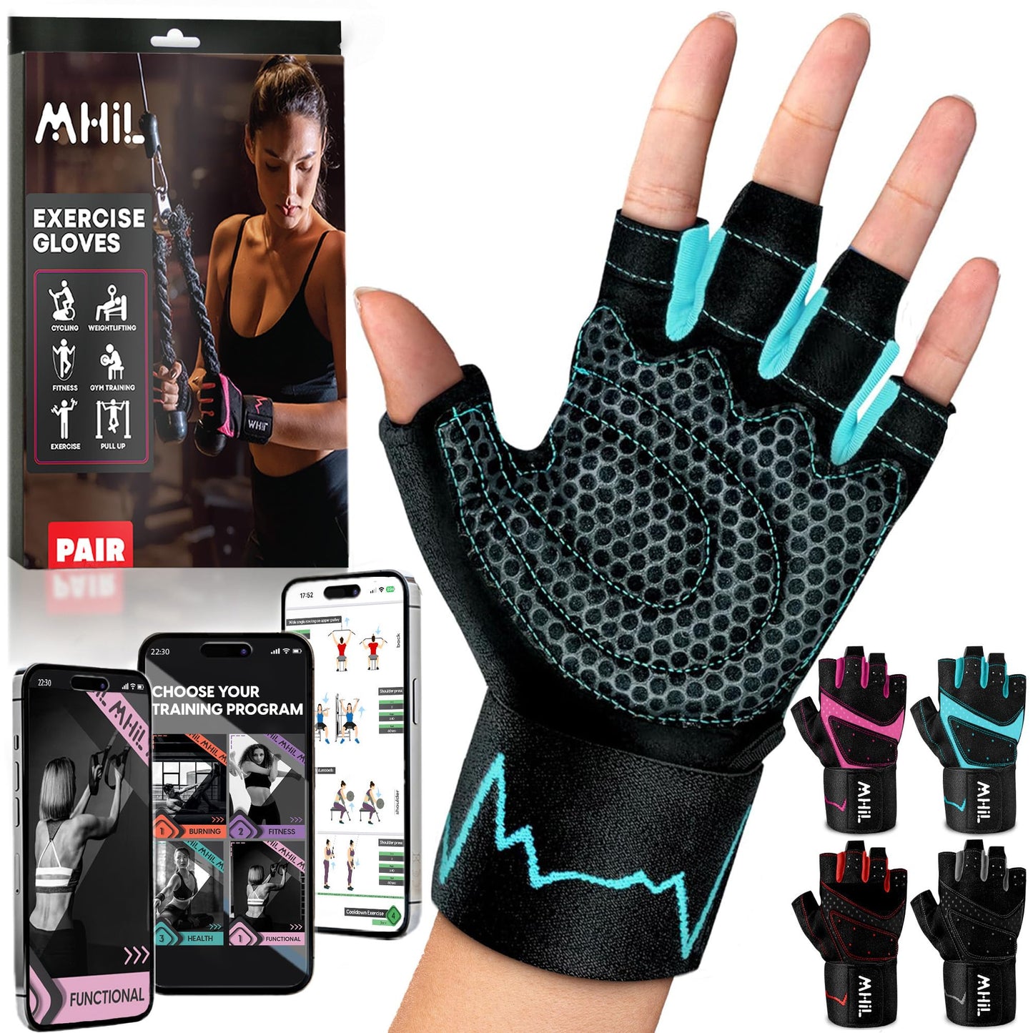 MhIL Workout Gloves for Women & Men - Gym Gloves for Women Weight Lifting Gloves - Exercise Gloves, Training Gloves with Wrist Wraps Support for Weightlifting, Work Out, Pull up- Full Palm Protection