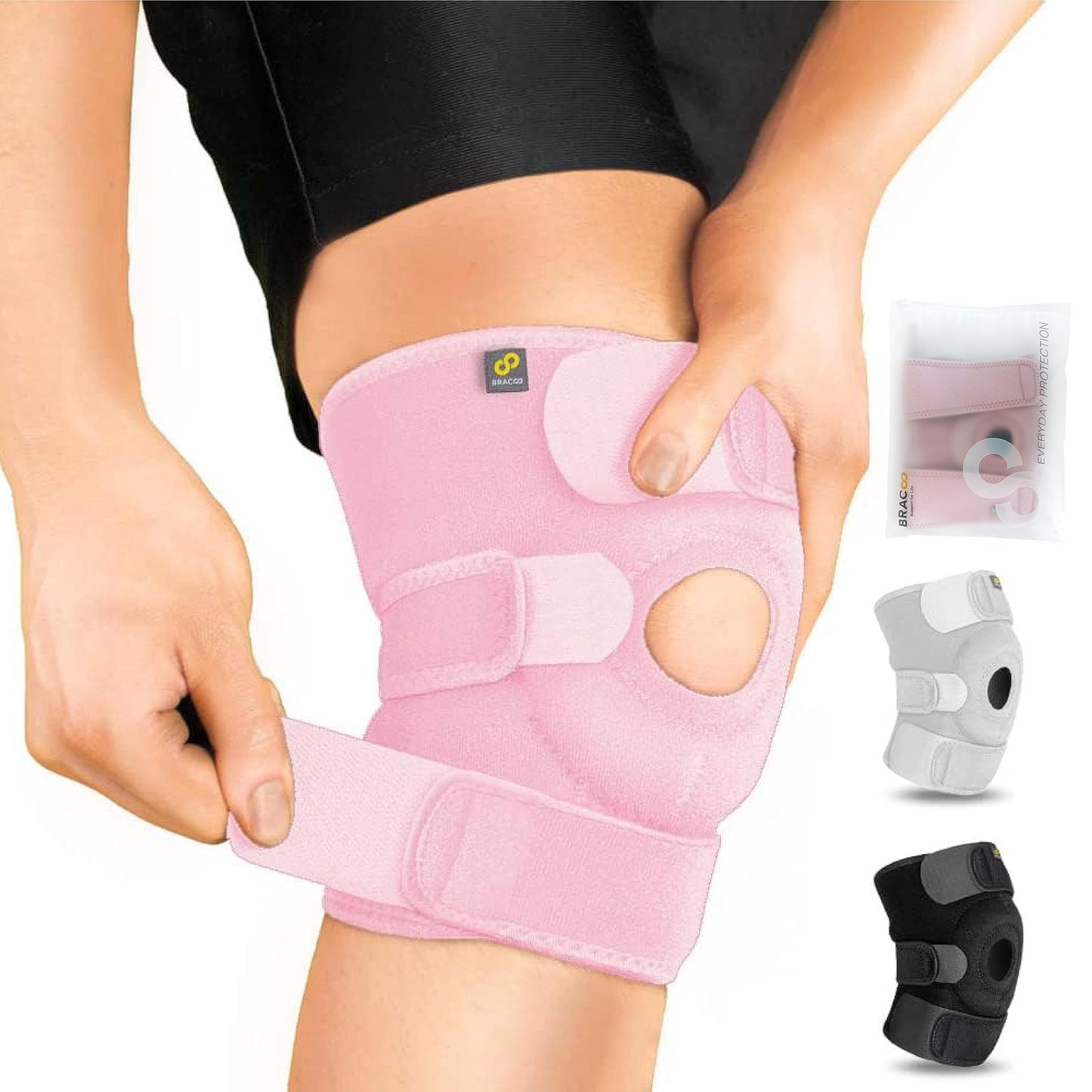 Bracoo Adjustable Compression Knee Patellar Pad Tendon Support Sleeve Brace for Men Women - Arthritis Pain, Injury Recovery, Running, Workout, KS10 (Black)