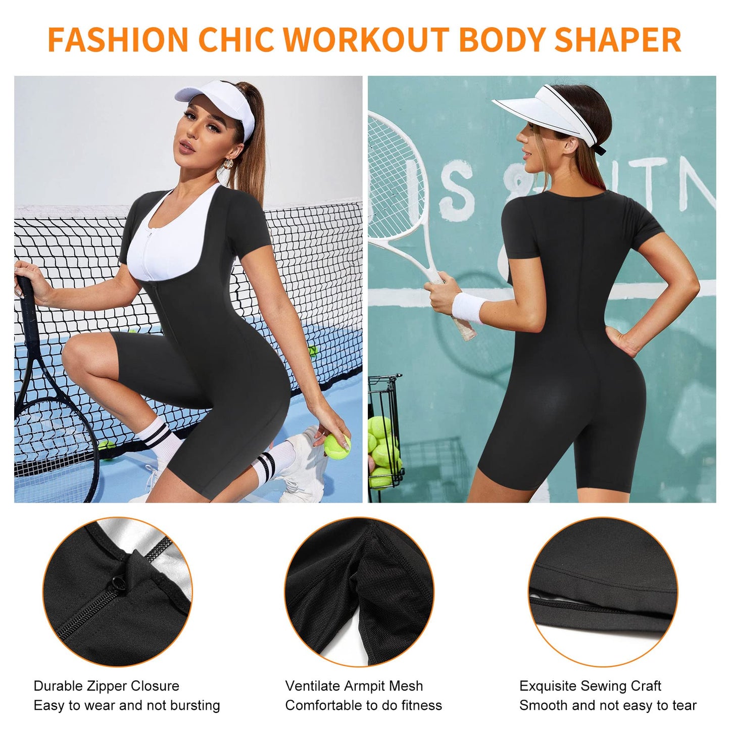 URSEXYLY Sauna Suit for Women Sweat Vest Waist Trainer 3 in 1 Slimming Full Body Shaper Workout Top with Sleeve Shorts