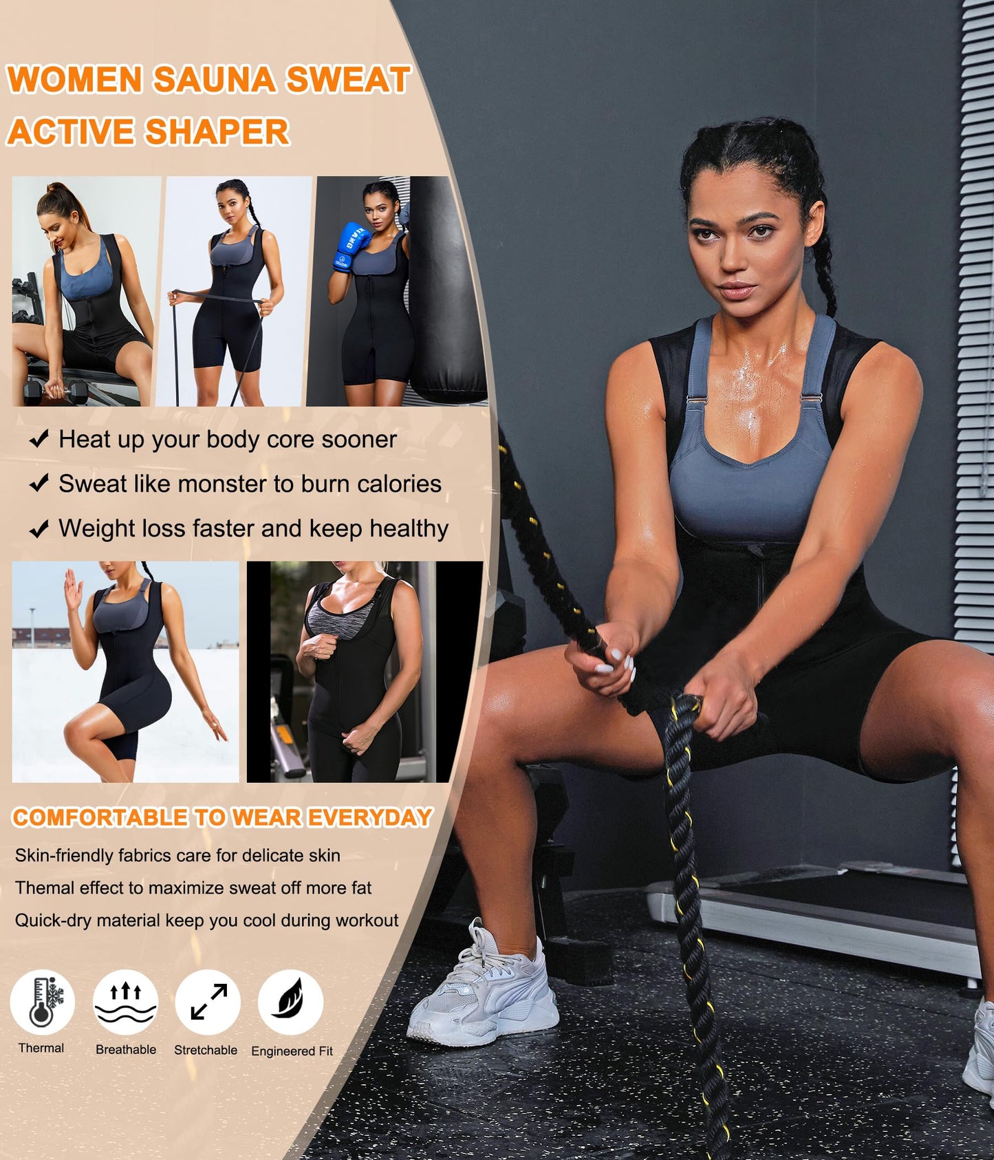 URSEXYLY Sauna Suit for Women Sweat Vest Waist Trainer 3 in 1 Slimming Full Body Shaper Workout Top with Sleeve Shorts