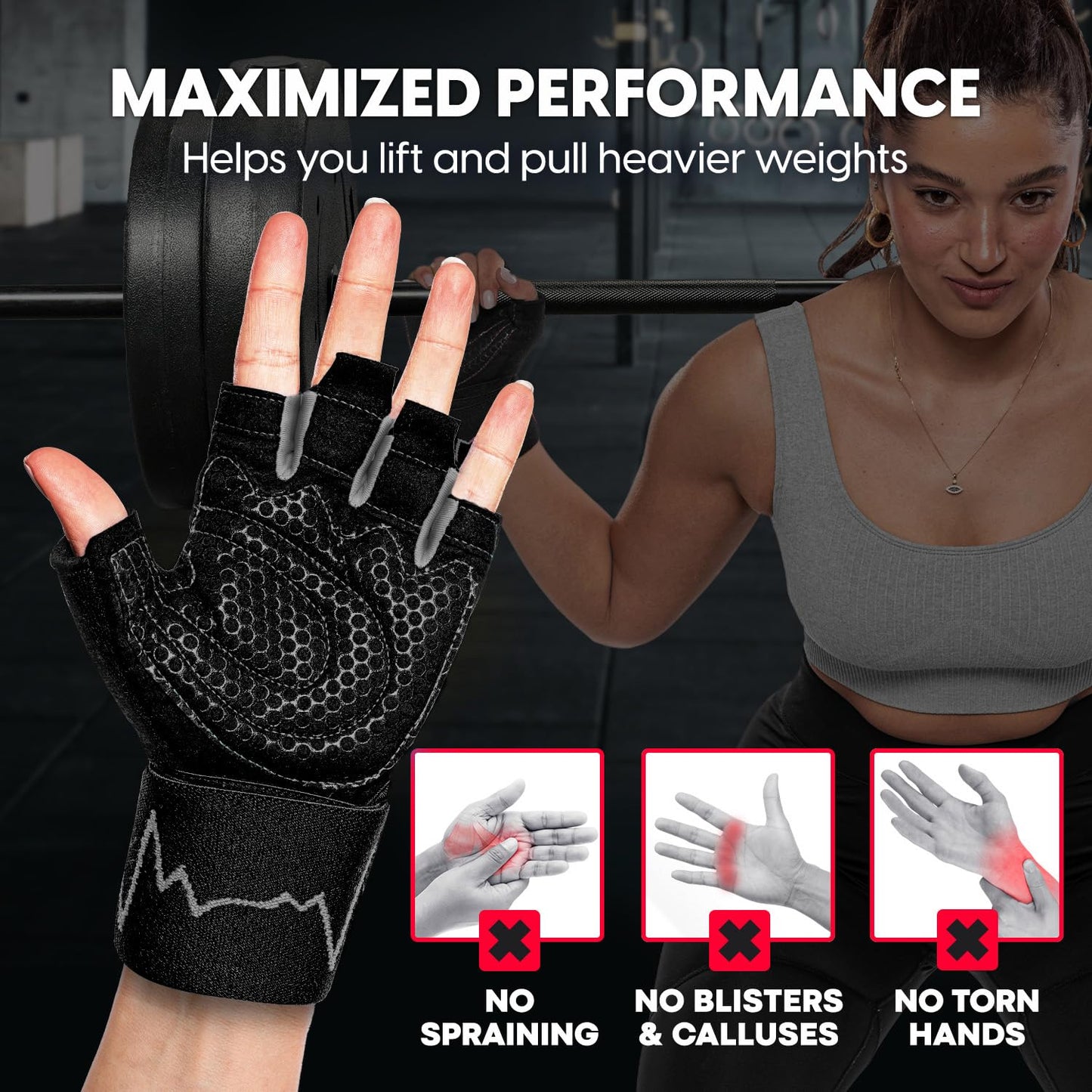 MhIL Workout Gloves for Women & Men - Gym Gloves for Women Weight Lifting Gloves - Exercise Gloves, Training Gloves with Wrist Wraps Support for Weightlifting, Work Out, Pull up- Full Palm Protection