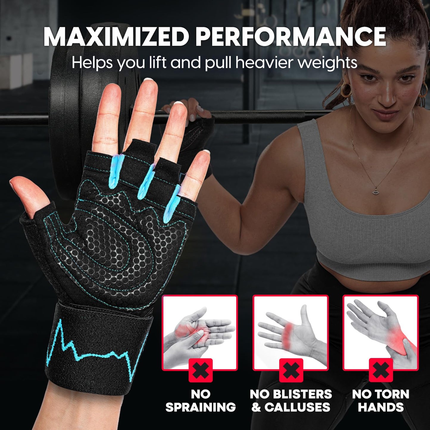 MhIL Workout Gloves for Women & Men - Gym Gloves for Women Weight Lifting Gloves - Exercise Gloves, Training Gloves with Wrist Wraps Support for Weightlifting, Work Out, Pull up- Full Palm Protection