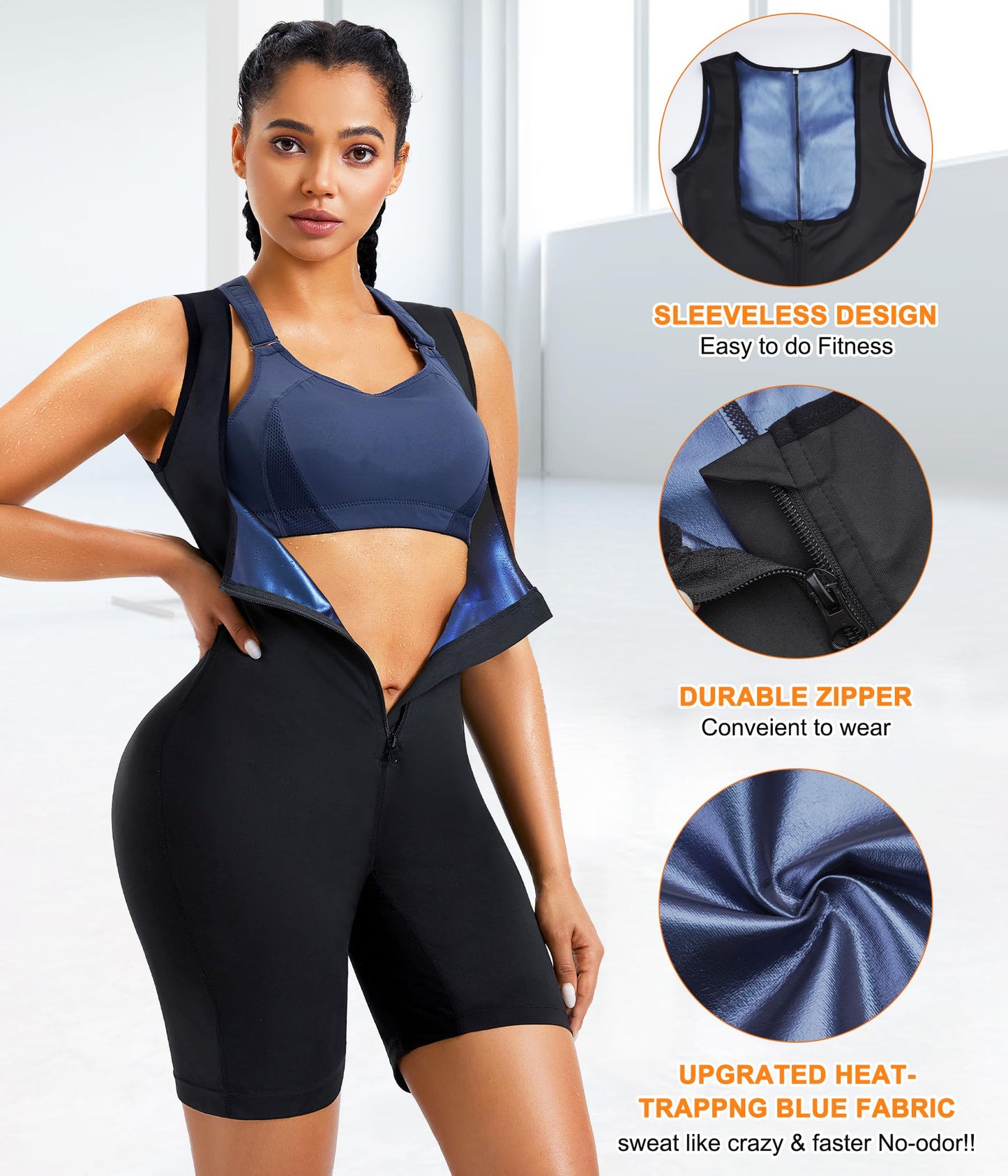 URSEXYLY Sauna Suit for Women Sweat Vest Waist Trainer 3 in 1 Slimming Full Body Shaper Workout Top with Sleeve Shorts