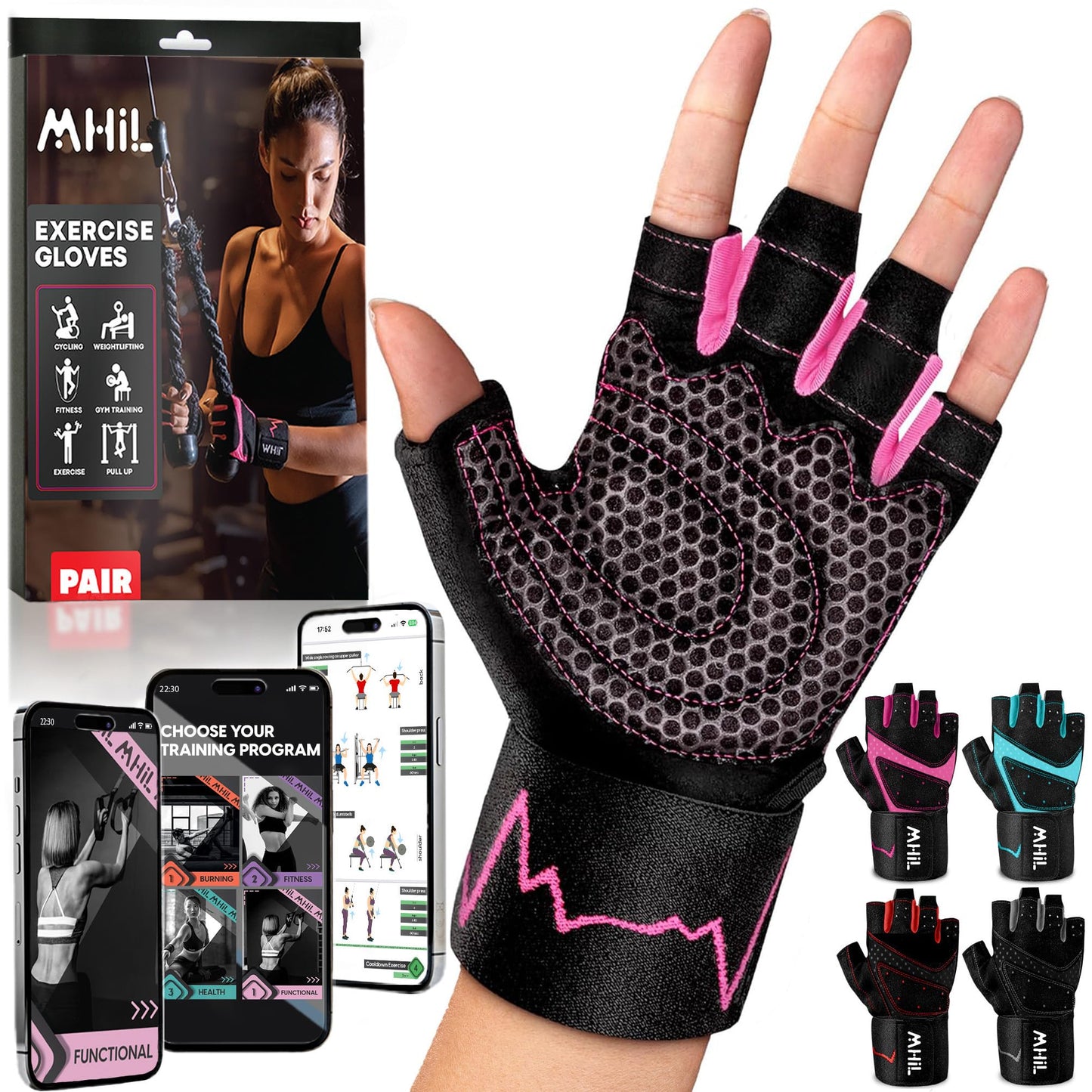 MhIL Workout Gloves for Women & Men - Gym Gloves for Women Weight Lifting Gloves - Exercise Gloves, Training Gloves with Wrist Wraps Support for Weightlifting, Work Out, Pull up- Full Palm Protection