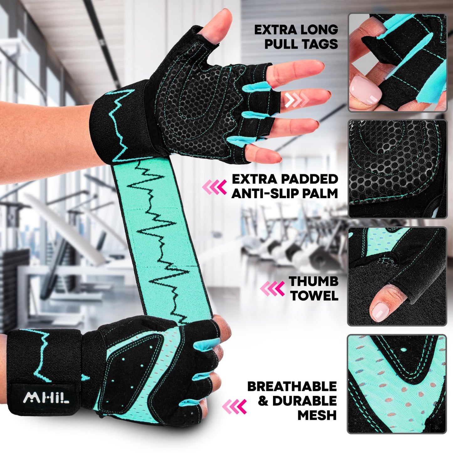 MhIL Workout Gloves for Women & Men - Gym Gloves for Women Weight Lifting Gloves - Exercise Gloves, Training Gloves with Wrist Wraps Support for Weightlifting, Work Out, Pull up- Full Palm Protection