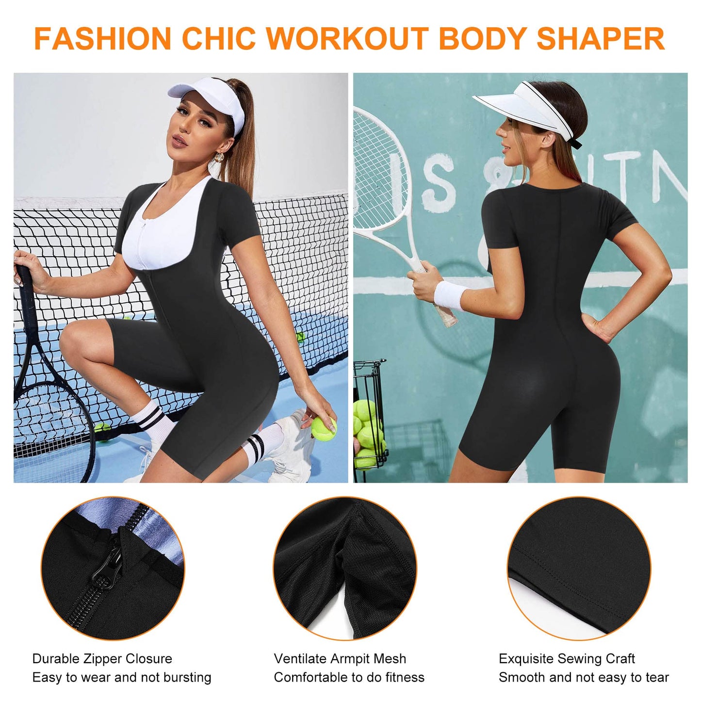 URSEXYLY Sauna Suit for Women Sweat Vest Waist Trainer 3 in 1 Slimming Full Body Shaper Workout Top with Sleeve Shorts