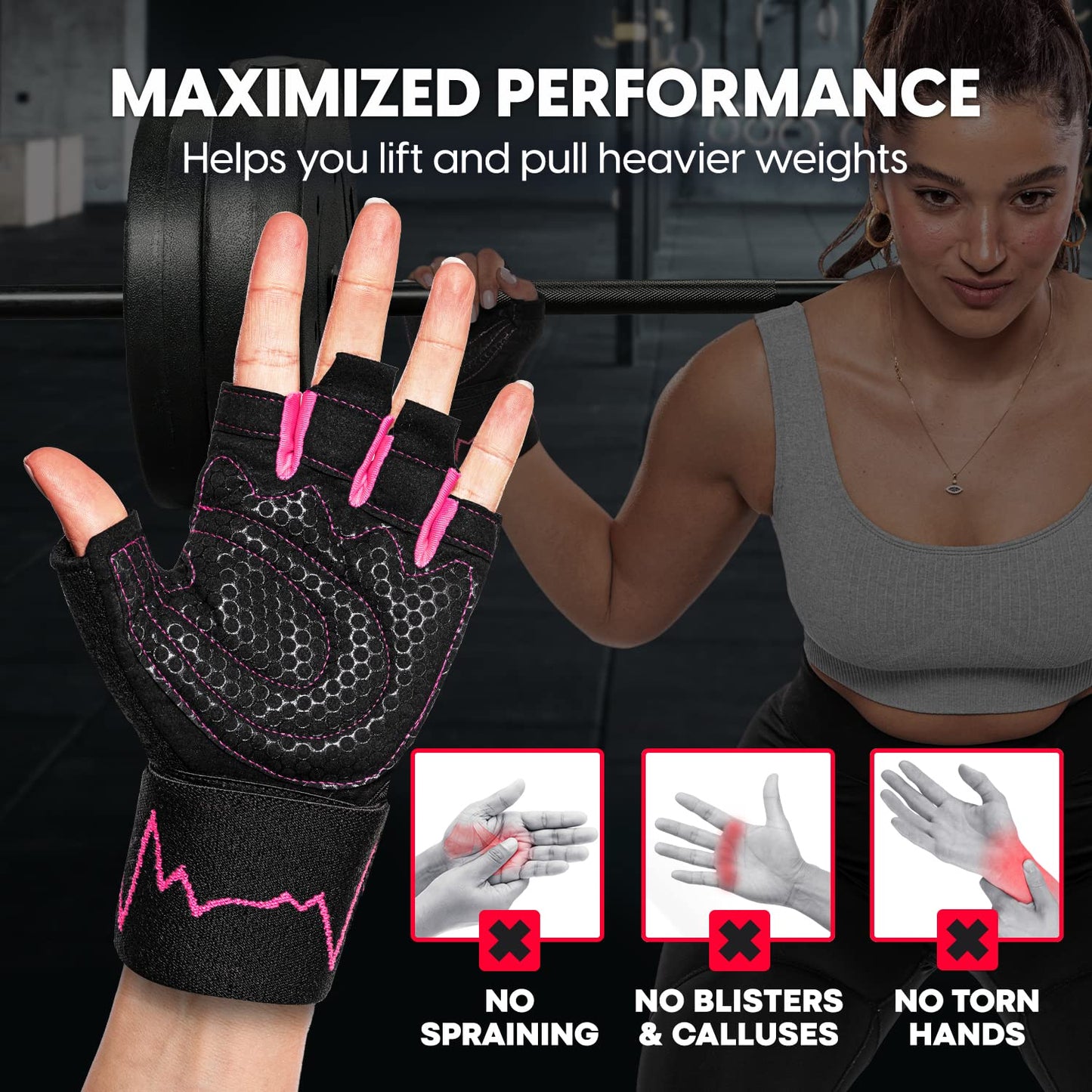 MhIL Workout Gloves for Women & Men - Gym Gloves for Women Weight Lifting Gloves - Exercise Gloves, Training Gloves with Wrist Wraps Support for Weightlifting, Work Out, Pull up- Full Palm Protection